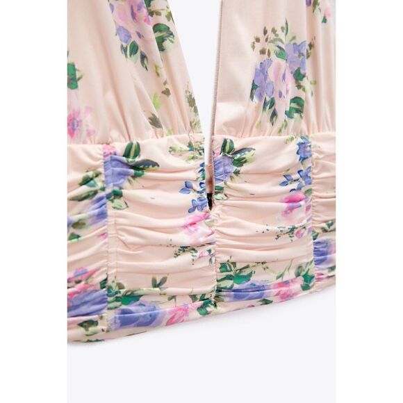NWT Zara Floral Print Corset V-Neck Halter Neck Tie Crop Top in Pale Pink - Picture 7 of 16